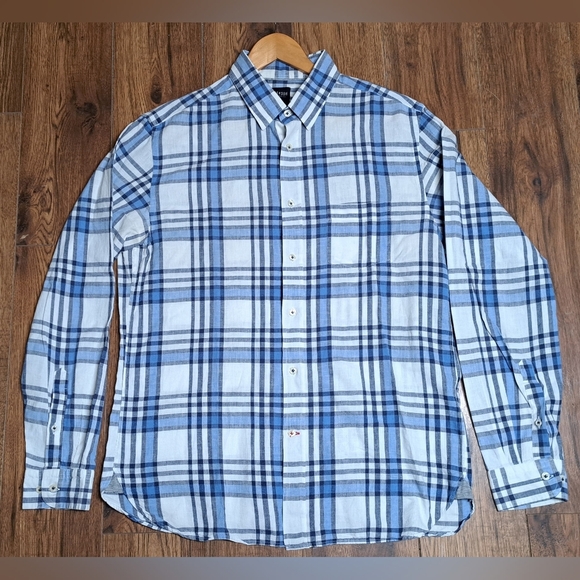 Benson New York Men's Button  Down Shirt 100% Linen White Blue Check Large - Picture 1 of 9